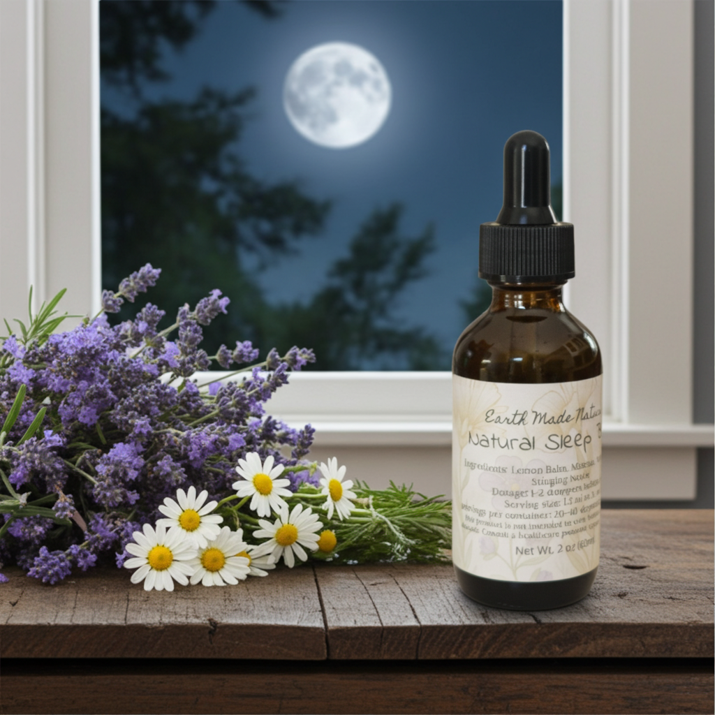 Bottle of 'Earth Made Naturals' Natural Sleep supplement with lavender and daisies on a windowsill at night.