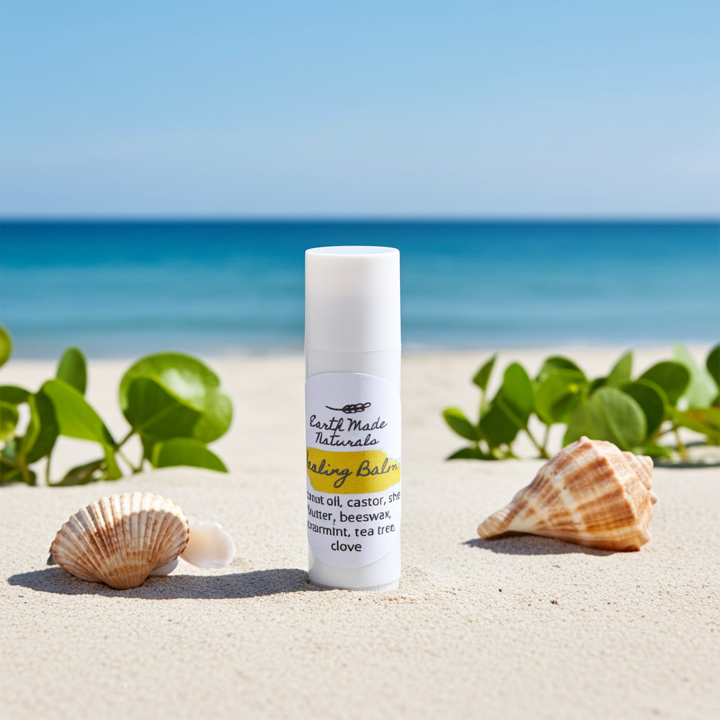 Healing lip Balm tube on a beach  with beach and shells in the background